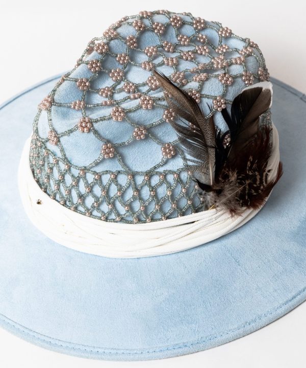 Blue Hat with Pearls and feather appliqué
